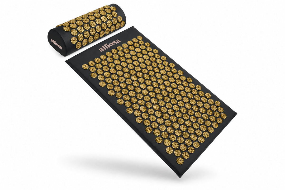 Alliosa acupressure mat rolled into its drawstring carry bag for travel